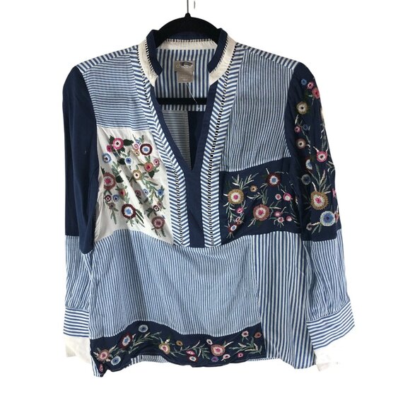 Chico's Tops - Chico's Tunic Top Patchwork Embroidered Floral Striped Blue Size 00P US 0/2P